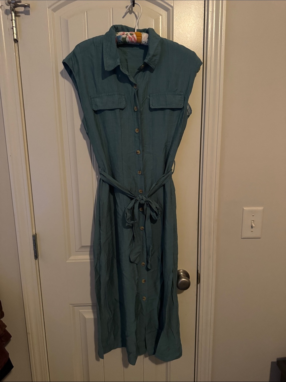 Lucky Brand Teal Button-Front Midi Dress with Tie Waist